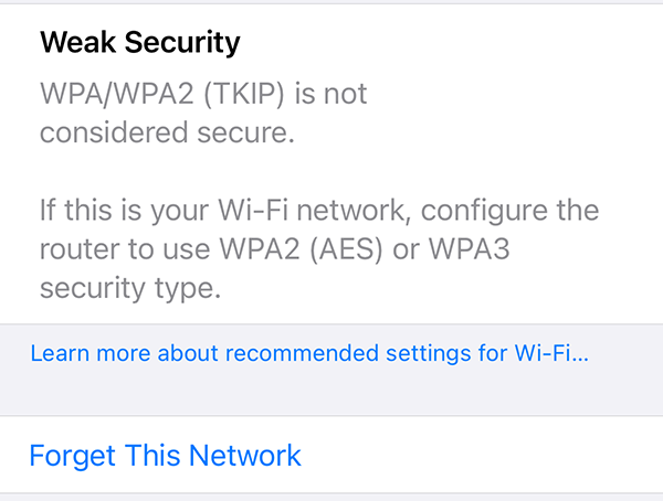 more info about weak security wifi on iphone
