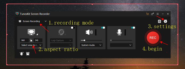 tuneskit screen recorder interface