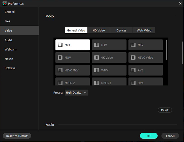 adjust the settings to record youtube video