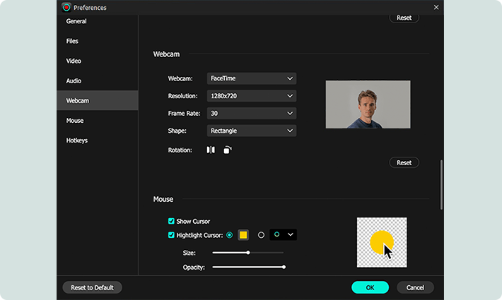adjust webcam preferences