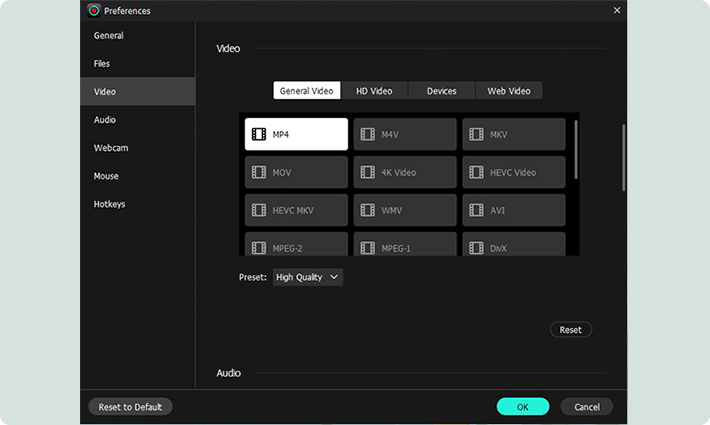 customize video recording perference