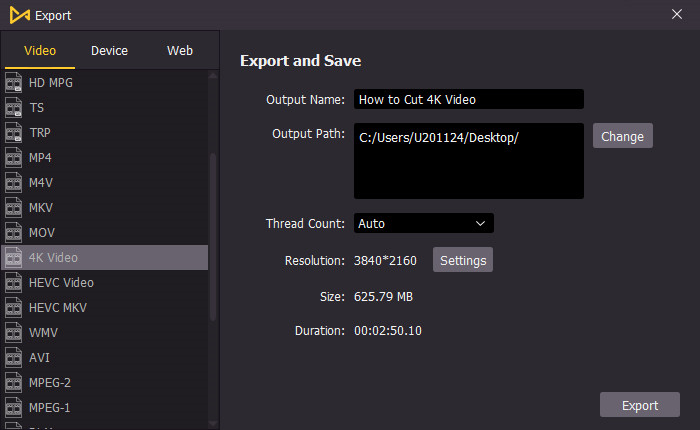 export 4k video