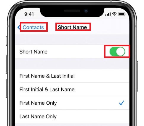 contacts short name settings